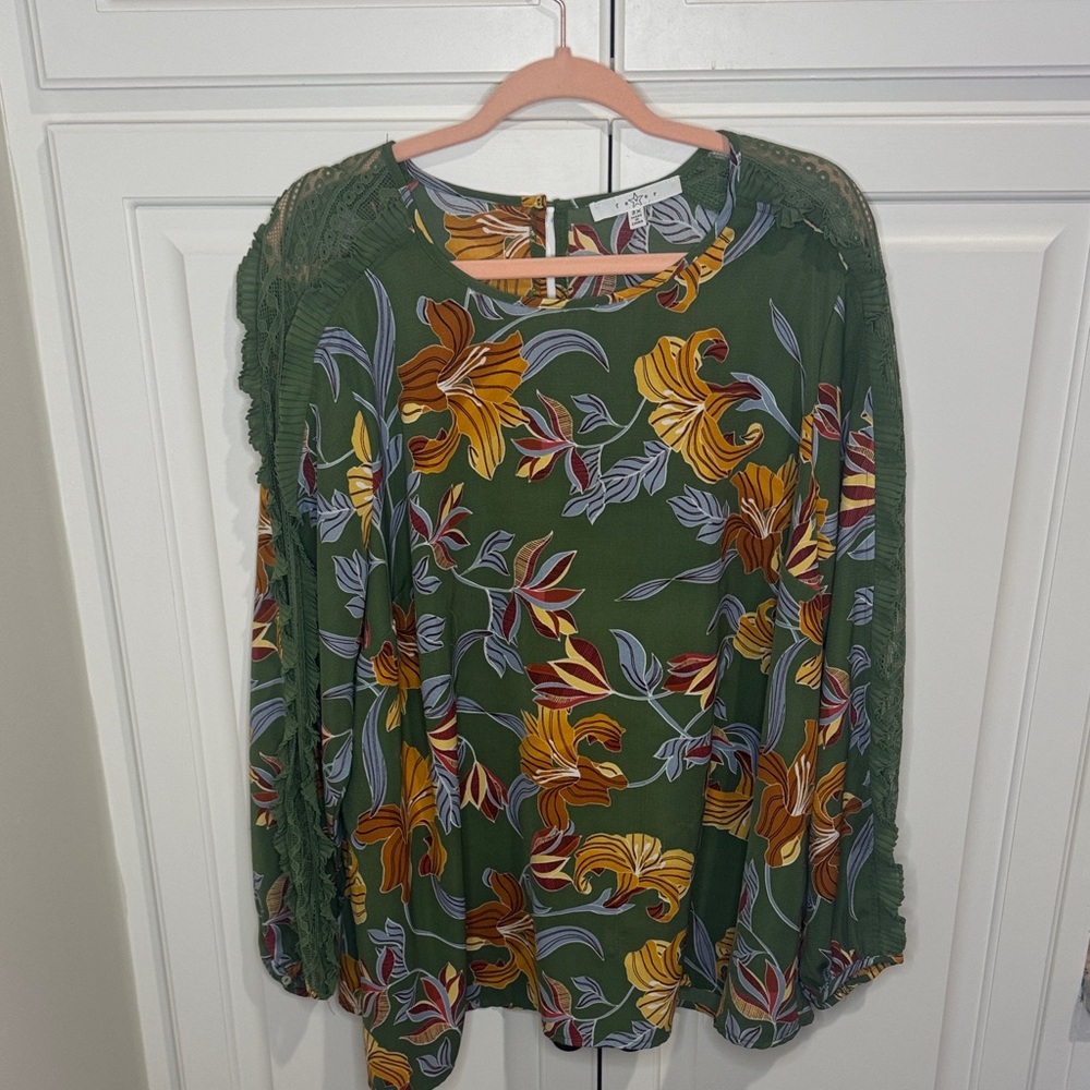 Fever Green Floral Blouse with Yellow and Red Accents